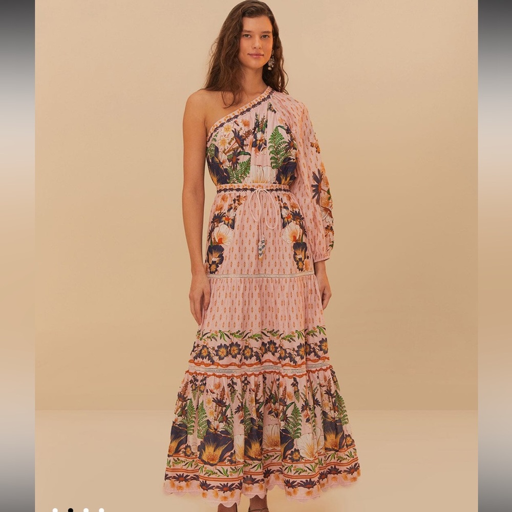 FARM Rio One-Shoulder Floral Tiered Maxi Dress in Light Pink
